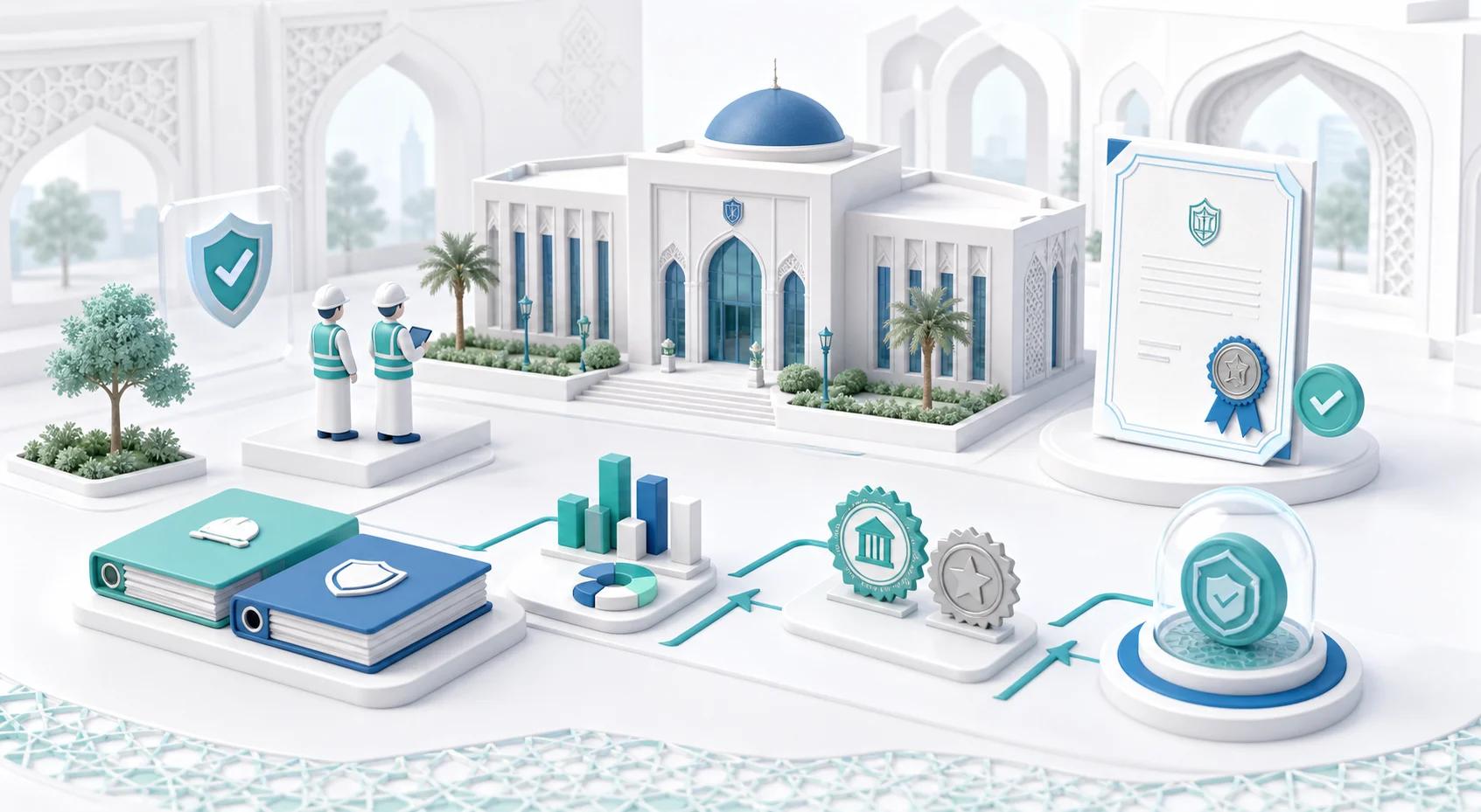 رسم ثلاثي الأبعاد يوضح تجديد ترخيص جامعة وفحص المبنى والوثائق والاعتمادات