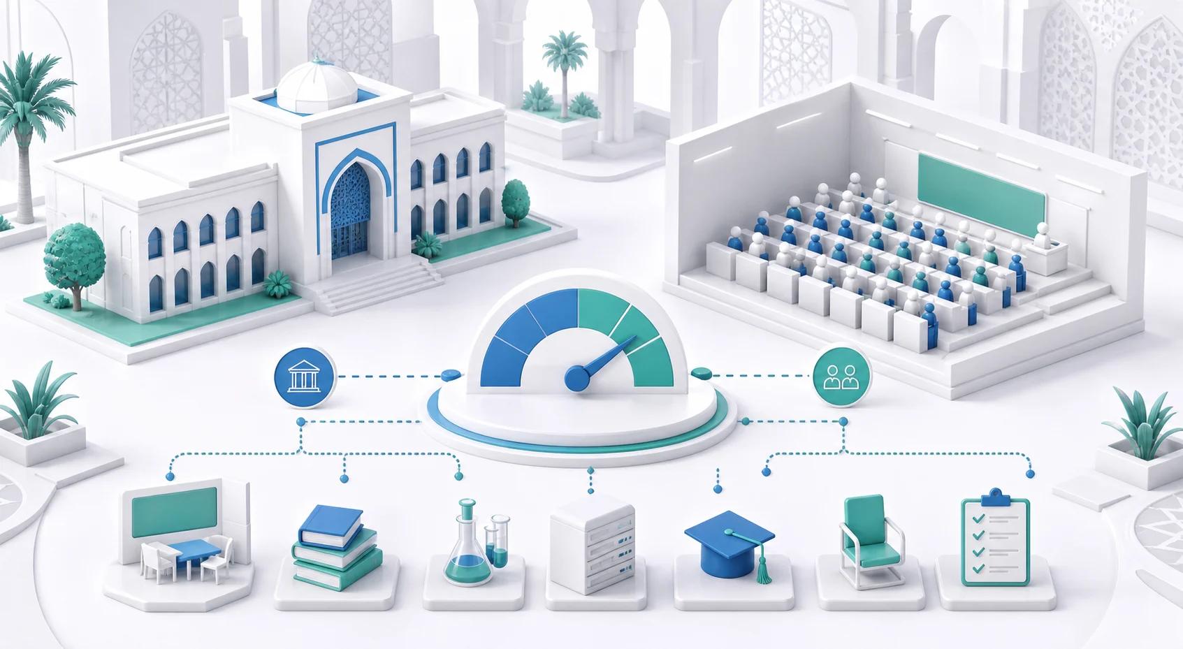 رسم ثلاثي الأبعاد يوضح موازنة أعداد الطلبة مع القاعات وهيئة التدريس والطاقة المتاحة